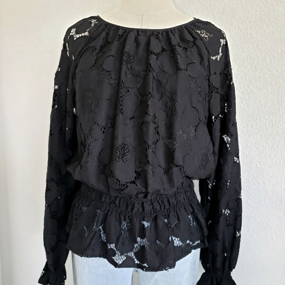 Marc New York Tops - MARC NEW YORK Black Long Sleeve Lace Blouson Peplum Blouse--NWT--S